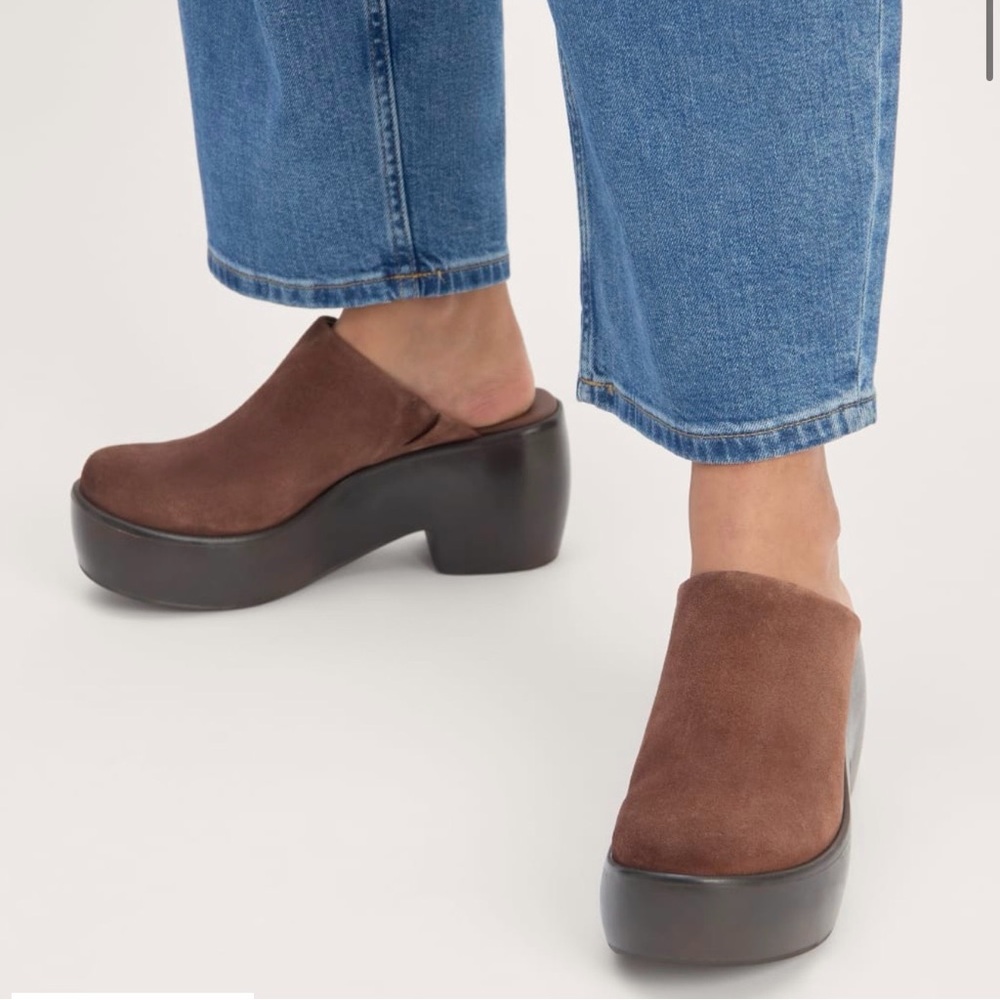 NEW Everlane Dark Umber Brown Suede Wooden Puffa Platform Clog 7 - Picture 2 of 16